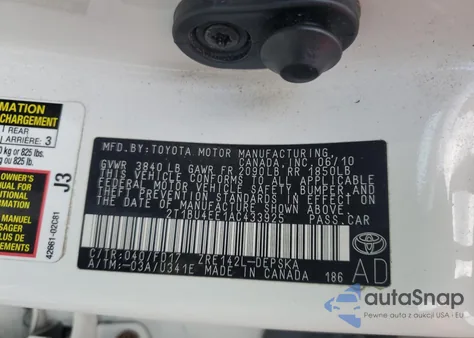 2010 Toyota Corolla Base z USA, uszkodzony, nr VIN 2T1BU4EE1AC433925